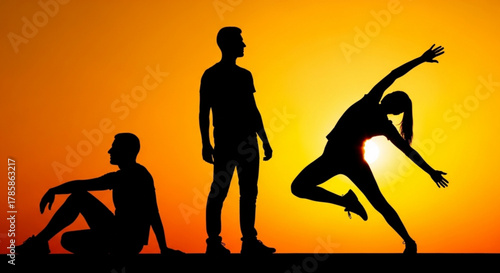 Silhouette of three people against a sunset background