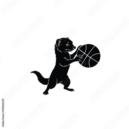 Cute cartoon weasel in black silhouette holding a basketball on transparent background image