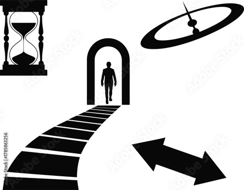 Silhouette man walking through archway towards path hourglass and compass