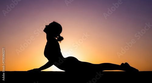 Silhouette of a woman doing yoga against a colorful sunset background