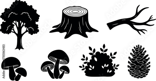 Various forest nature elements including tree, stump, branch, mushrooms, bush, pine cone vector illustration 