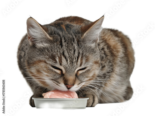 Pet cat isolated, adult cat eating canned cat food, wet cat food, adorable cat close-up portrait, isolated on a transparent background, professional pet photography, pet food advertising concept