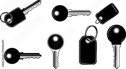 Black and white key icons with keychains vector illustration set 