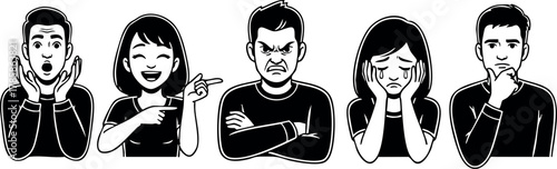 Diverse human emotions facial expressions vector illustration in black and white style 