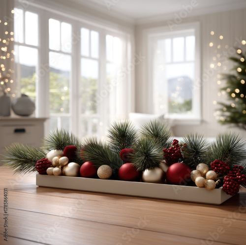 Christmas tabletop centerpiece with pine branches, red and gold ornaments, festive berries, cozy home interior, natural light, holiday mood