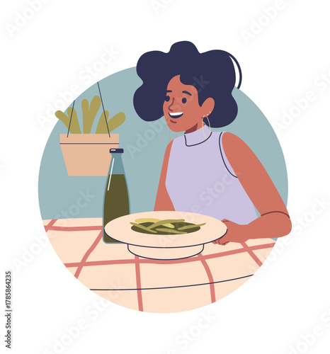 Happy woman eating in cafeteria