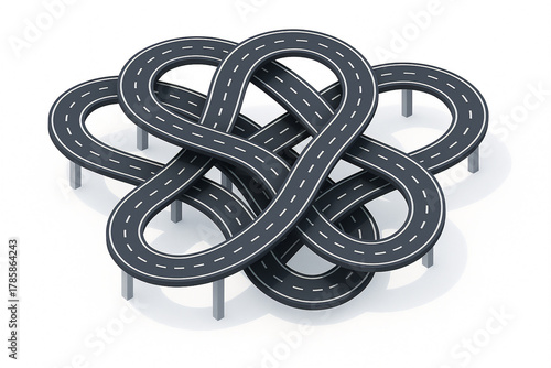 tangled elevated highway forming a knot-like structure, representing confusion, complexity, or traffic chaos. Isometric Generative ai raster colorful illustration.