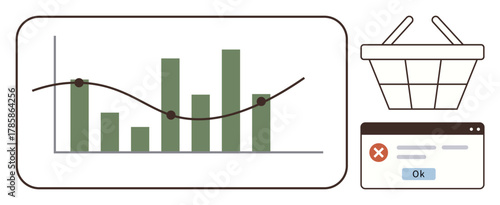 Bar chart with data points, shopping basket icon, error message in browser tab. Ideal for business, e-commerce, sales, analytics, online shopping error handling digital trends. Simple flat metaphor
