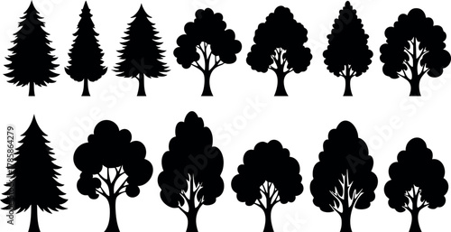 Silhouettes of Various Tree Shapes and Types in Black Vector Illustration 