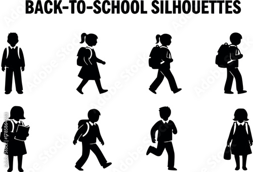 Back to school children silhouettes vector with backpacks and books walking and standing 