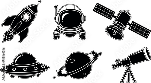 Space icons rocket astronaut satellite UFO planet telescope vector illustration set 