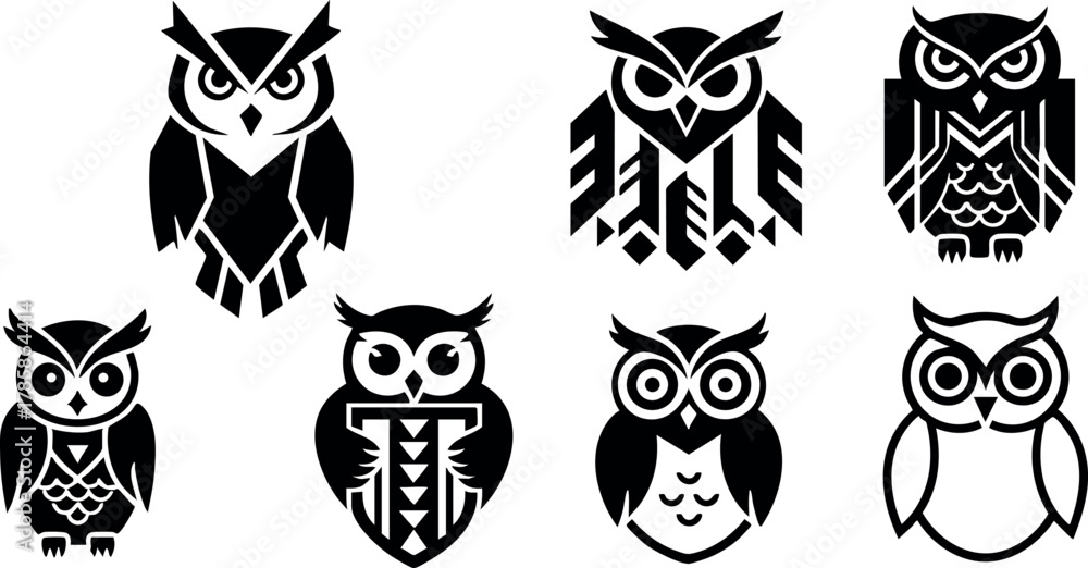 Naklejka premium Stylized black and white owl vector icons in simple geometric shapes for design use 