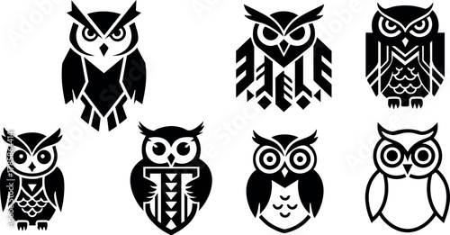 Stylized black and white owl vector icons in simple geometric shapes for design use 