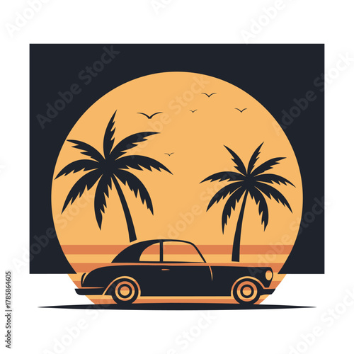 Vintage Car Under Golden Palms Silhouette