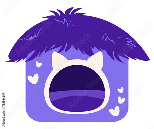 Doghouse with fur roof and heart decor. Vector blue pet bed with soft cushion. Cozy enclosed bed for dogs and cats. Isolated realistic drawing for pet stores, pet supplies, and animal design.