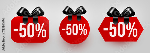 Stylish red discount tags with elegant black ribbon bows. Perfect for promoting sales and special offers.