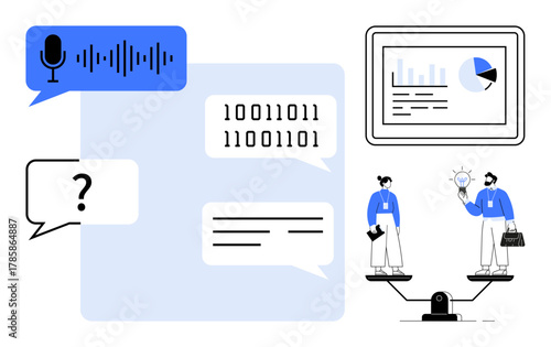 Speech bubble with voice data, binary code, charts, and collaboration on scales. Ideal for tech, AI, teamwork, data analysis speech recognition decision-making fairness. Clean simple flat metaphor