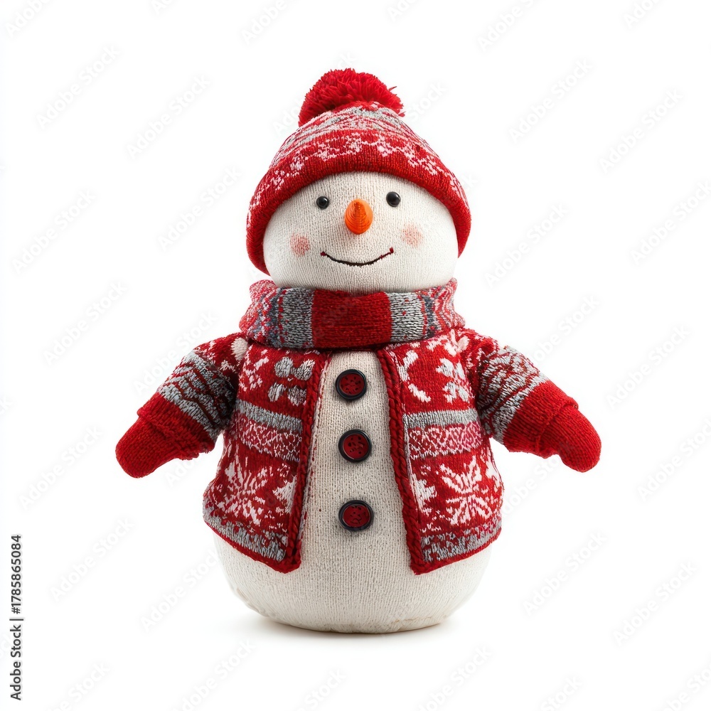 Fototapeta premium Festive snowman with red attire.