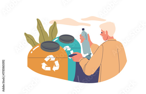 Man sorting waste using container
