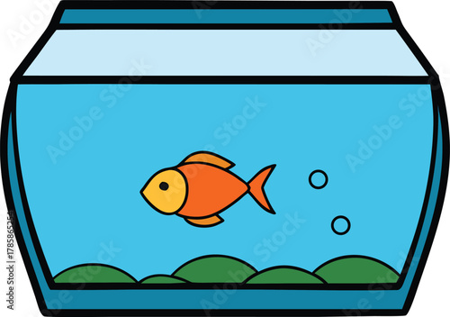 A single bright orange goldfish swimming in a clear blue aquarium with green gravel at the bottom isolated on transparent background
