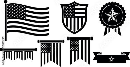 American flag icons set with banners shields and award star ribbon vector illustration 