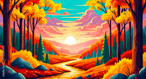 Vibrant Autumn Landscape Illustration with Winding River and Golden Sunset, a Serene Fall Forest Valley Scene with Colorful Trees and Warm Light