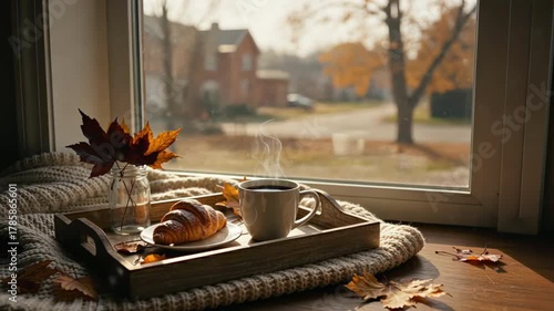 Cozy breakfast scene on thanksgiving morning with coffee, croissant, and autumn leaves by the window