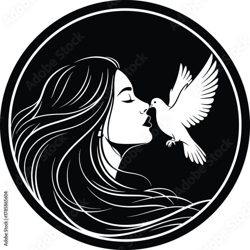 Woman and dove vector art peace and love illustration black and white eps silhouette