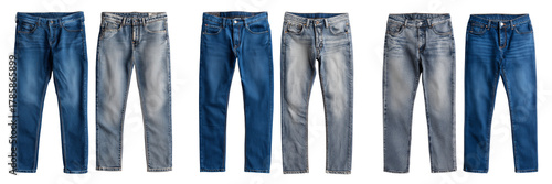Set of Raven-colored jeans for tall men, 36L inseam, svelte fit on transparent png background. Ai generated
