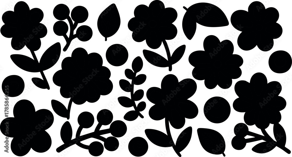 Fototapeta premium Floral silhouette vector with various flower and leaf shapes in black design 