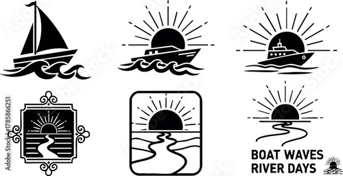 Boat waves and sun river days icons with sailing boat and sunrise vector illustration 