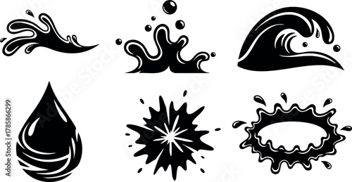 Water splash droplets wave and drop icons vector illustration in black silhouette style 