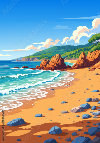 Vibrant coastal paradise with golden sand, crashing blue waves, and majestic orange rock formations under a clear azure sky, perfect for serene summer escapes and tropical dream vacations