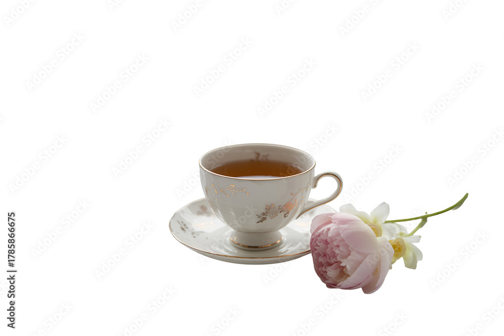 Obraz premium Elegant teacup with a delicate pink rose isolated on transparent background