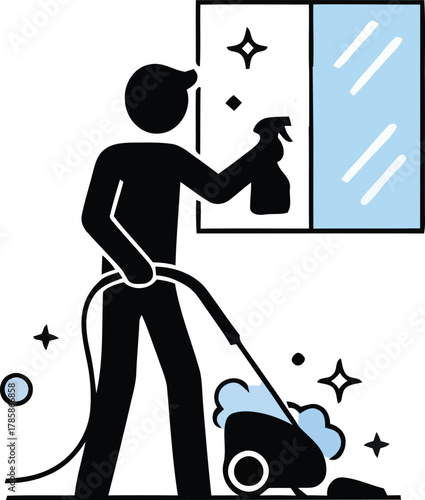 Professional Cleaning Service Worker Icon Doing Domestic Housework and Window Washing with Vacuum Cleaner