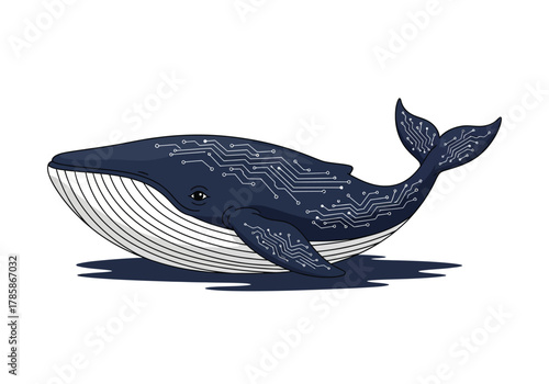 A stylized illustration of a blue whale with intricate circuit board patterns adorning its back, symbolizing the intersection of nature and technology.