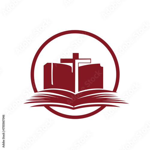 Religious symbol cross and book icon within a circle on white background