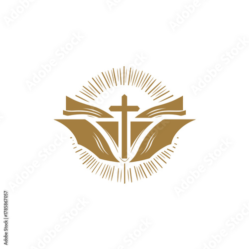 Religious symbol cross and book icon with rays of light on white background