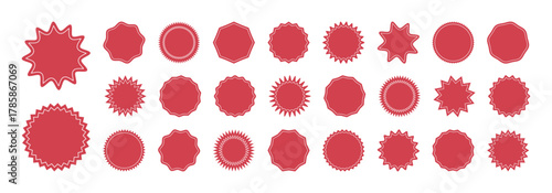 Star sticker icon, circle badge tag, promotion offer label. Round bubble, sale price seal. Sun shape set, red star burst, discount special stamp isolated on white background. Vector illustration