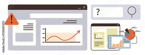 Analytical dashboard featuring line graph trends, charts, magnifying glass, and warning icon. Ideal for data analysis, monitoring, research, business strategy, problem-solving analytics