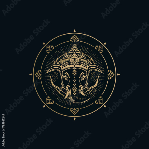 Intricate golden illustration of hindu deity ganesha in a circular mandala design