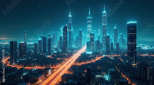 Wallpaper Mural Vista aérea de una ciudad inteligente futurista con elegantes rascacielos y arquitectura moderna, conectada por una compleja red Torontodigital.ca