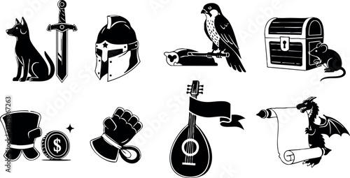 Medieval fantasy icons set with dog sword helmet falcon treasure chest and dragon vector illustration 