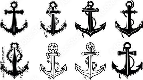 Anchor symbols collection maritime navy and sailing vector illustration set 