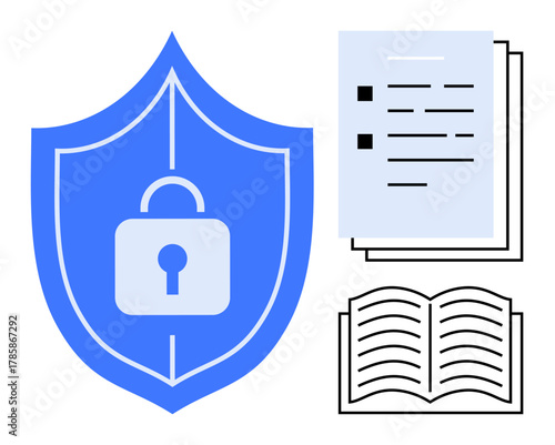 Shield with lock representing security, stack of documents, and open book emphasizing data protection. Ideal for cybersecurity, education, privacy, compliance, documentation, information safety