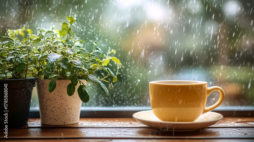Morning Coffee by the Rainy Window | Cozy Cup with Sunrise | Steaming Coffee and Raindrops