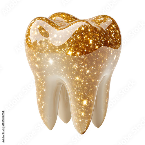 Tooth with gold glitter dental care concept isolated on transparent background