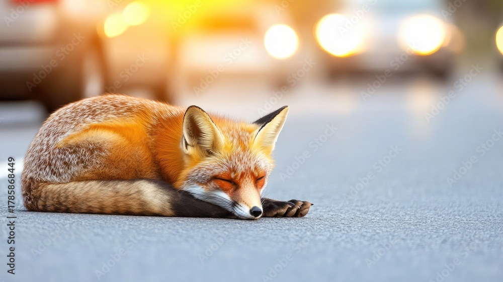 Fototapeta premium Beautiful scene of a dead fox resting on an asphalt road with cars passing by under the summer sun