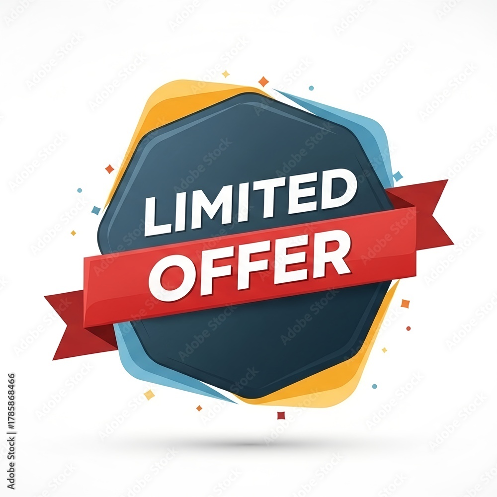 Obraz premium Abstract geometric shape with red ribbon and text limited offer, isolated on white background