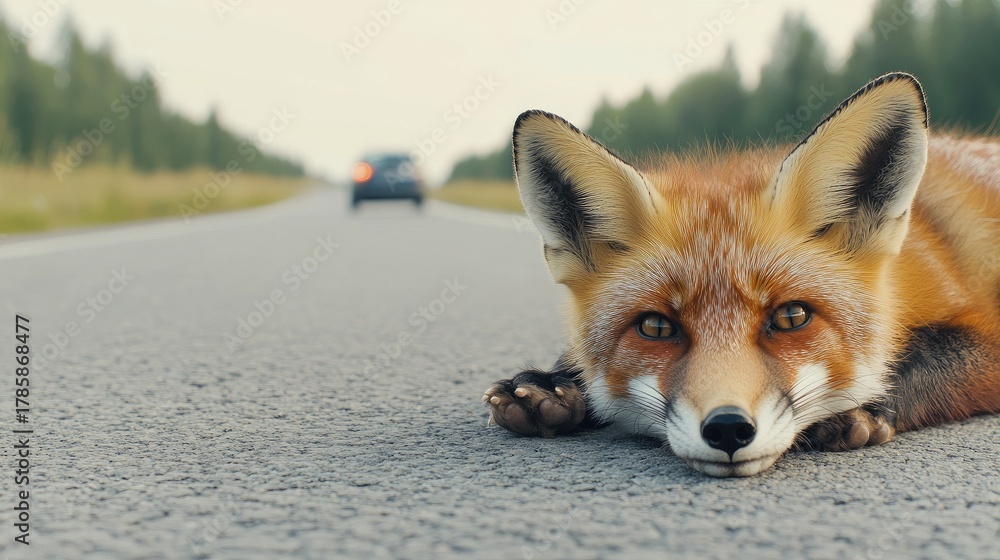 Fototapeta premium Dead fox on a summer day lying on asphalt road as cars pass by in the background, capturing a moment of nature and urban life